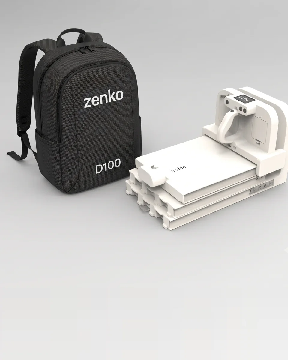 The Zenko D100 folded into a compact stack beside its black carrying backpack.